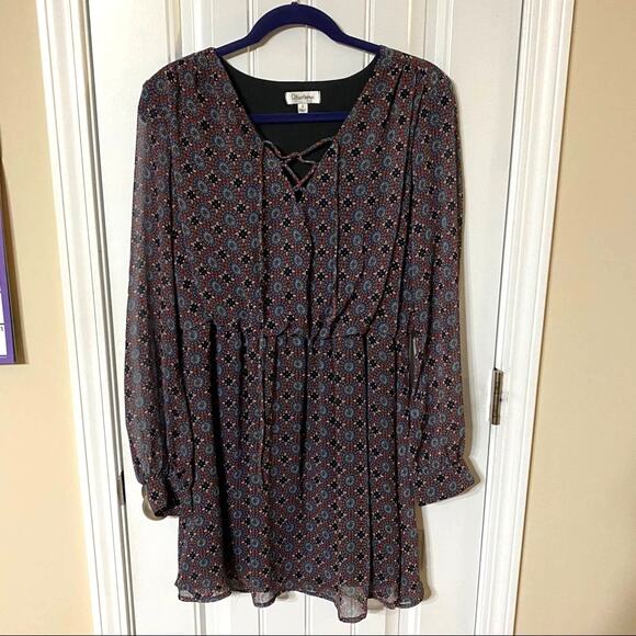 OLSENBOYE Dress Size Large Blue  Red Geometric Print V-Neck Long Sleeve Lined - Picture 10 of 11